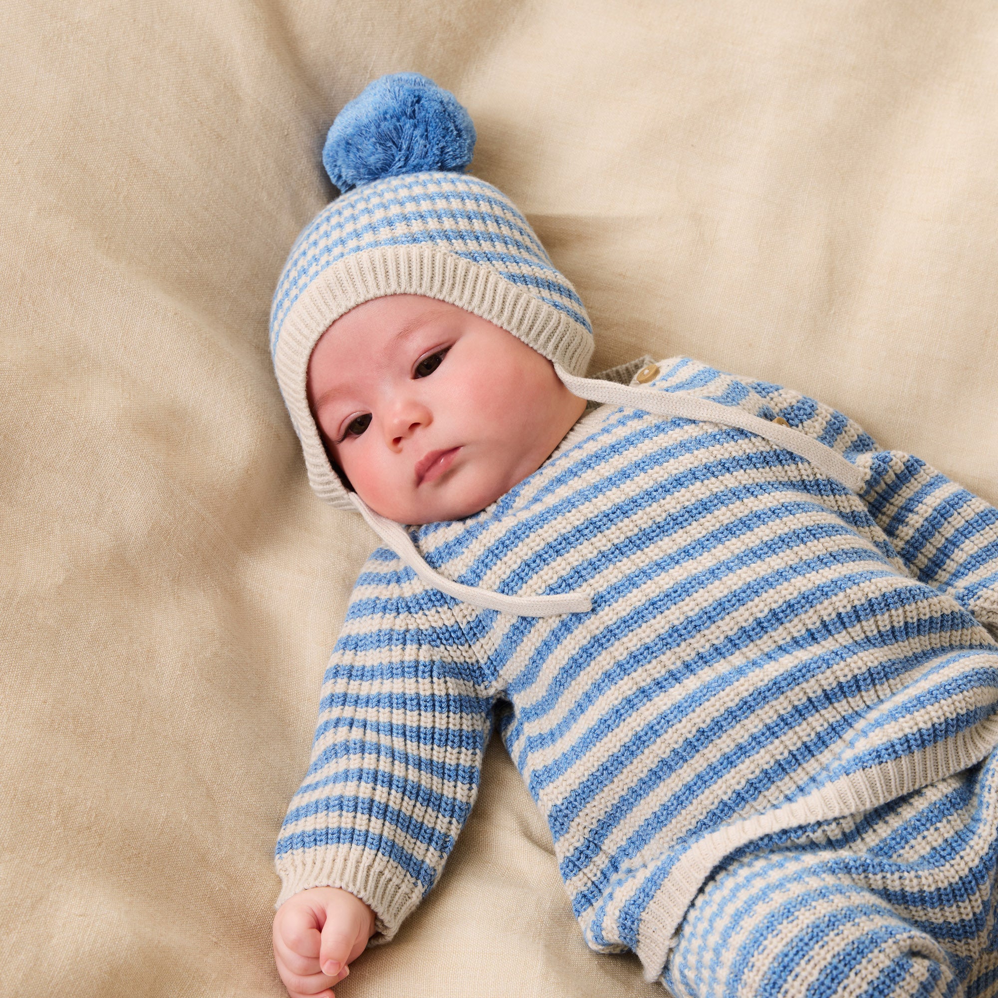 Frosted Blue Organic Knitted Stripe Bonnet