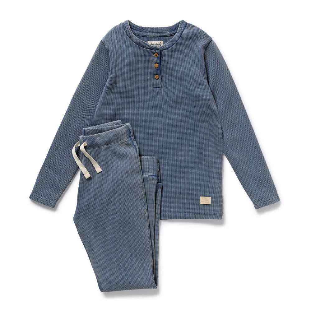 Twilight Blue Organic Waffle Henley Pyjamas